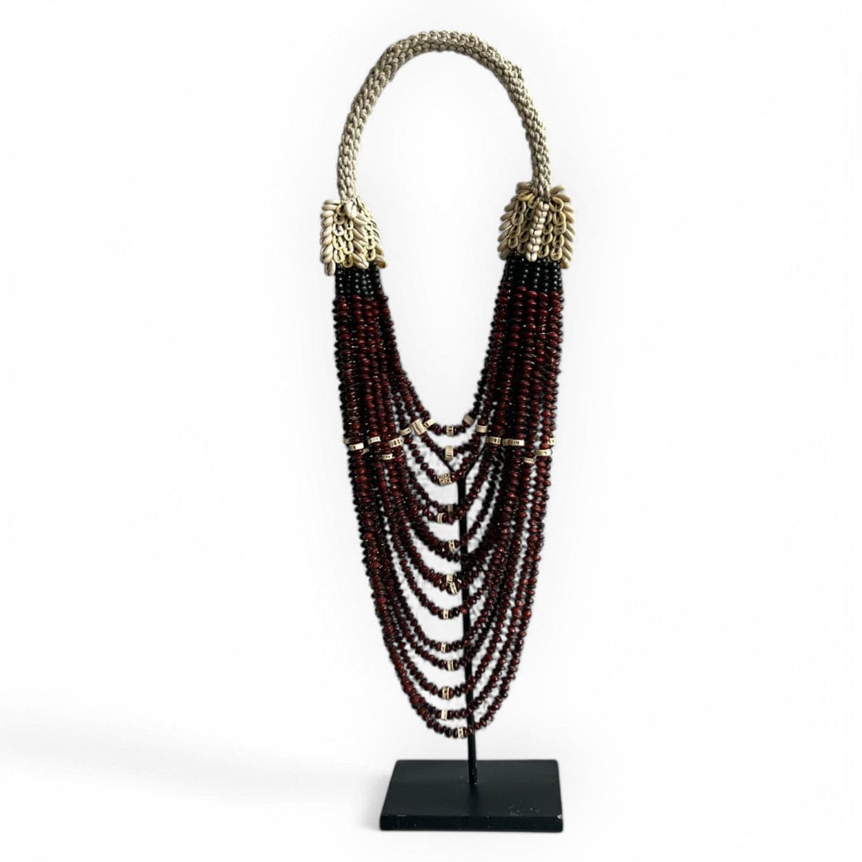 Beaded Necklace Ornament on Metal Stand | Maroon, Black