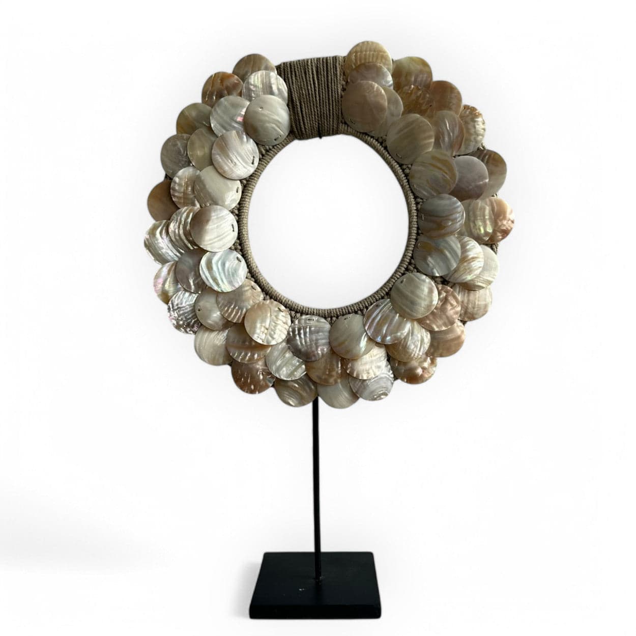 Round Shell Necklace Ornament on Metal Stand | Pearlescent