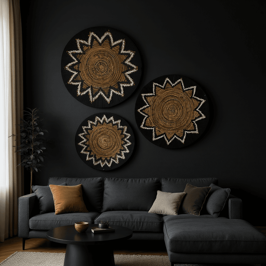 Flower Weave Wall Decorations | Black, Natural Set of 3