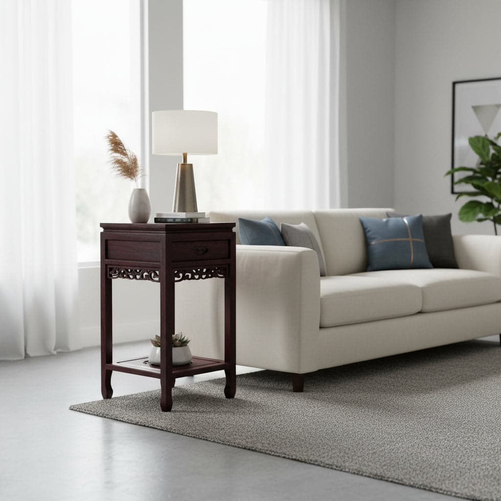 1 Drawer Carved Tall Side Table | Dark Brown