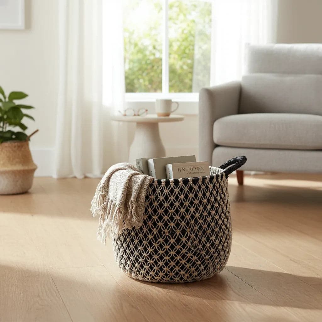 Woven Basket with Interlocking Net Pattern | Black, White 47cm
