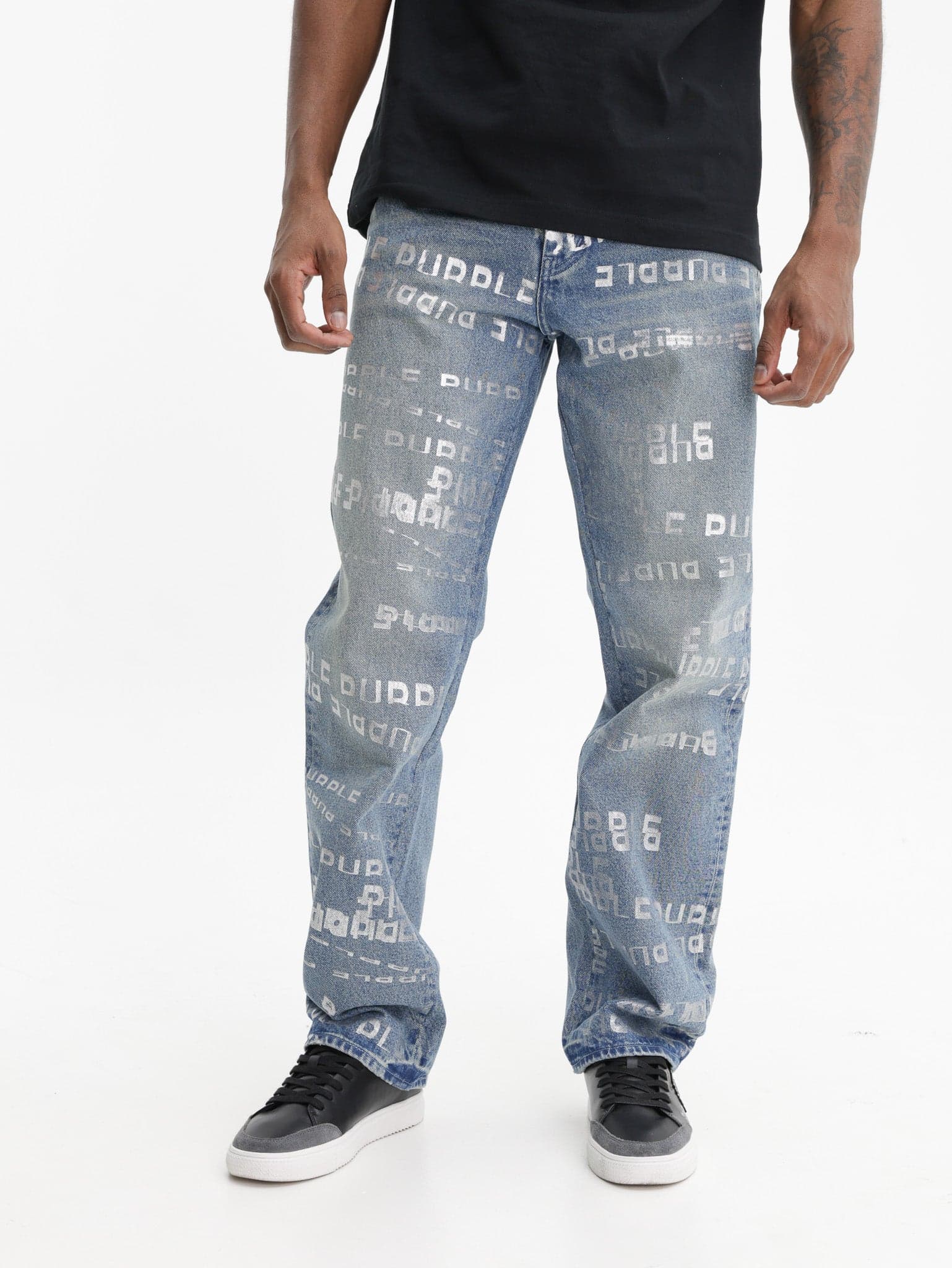 Purple Jeans All Over White Print Medium Wash