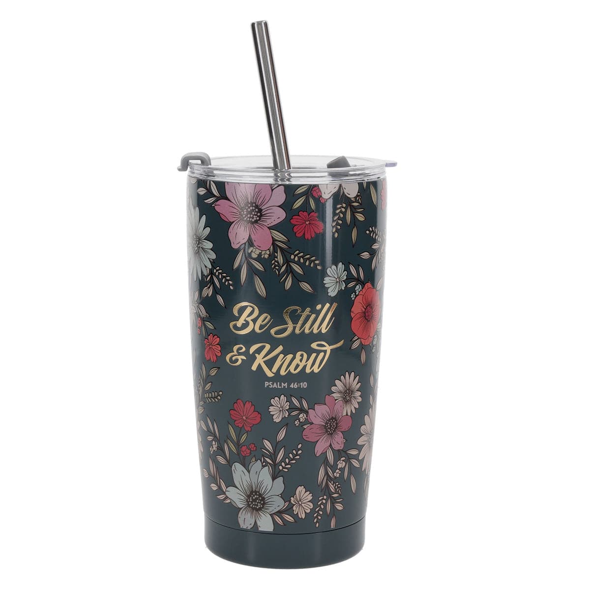 Be Still and Know Teal Floral Stainless Steel Travel Mug with Straw