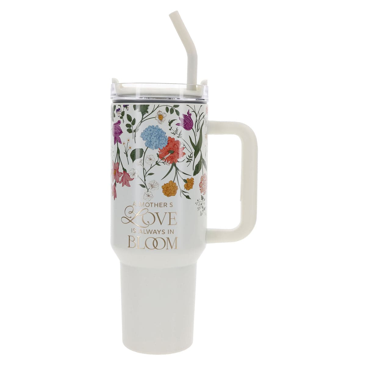 A Mother's Love Is Always in Bloom Large Stainless Steel Mug with Handle and Straw