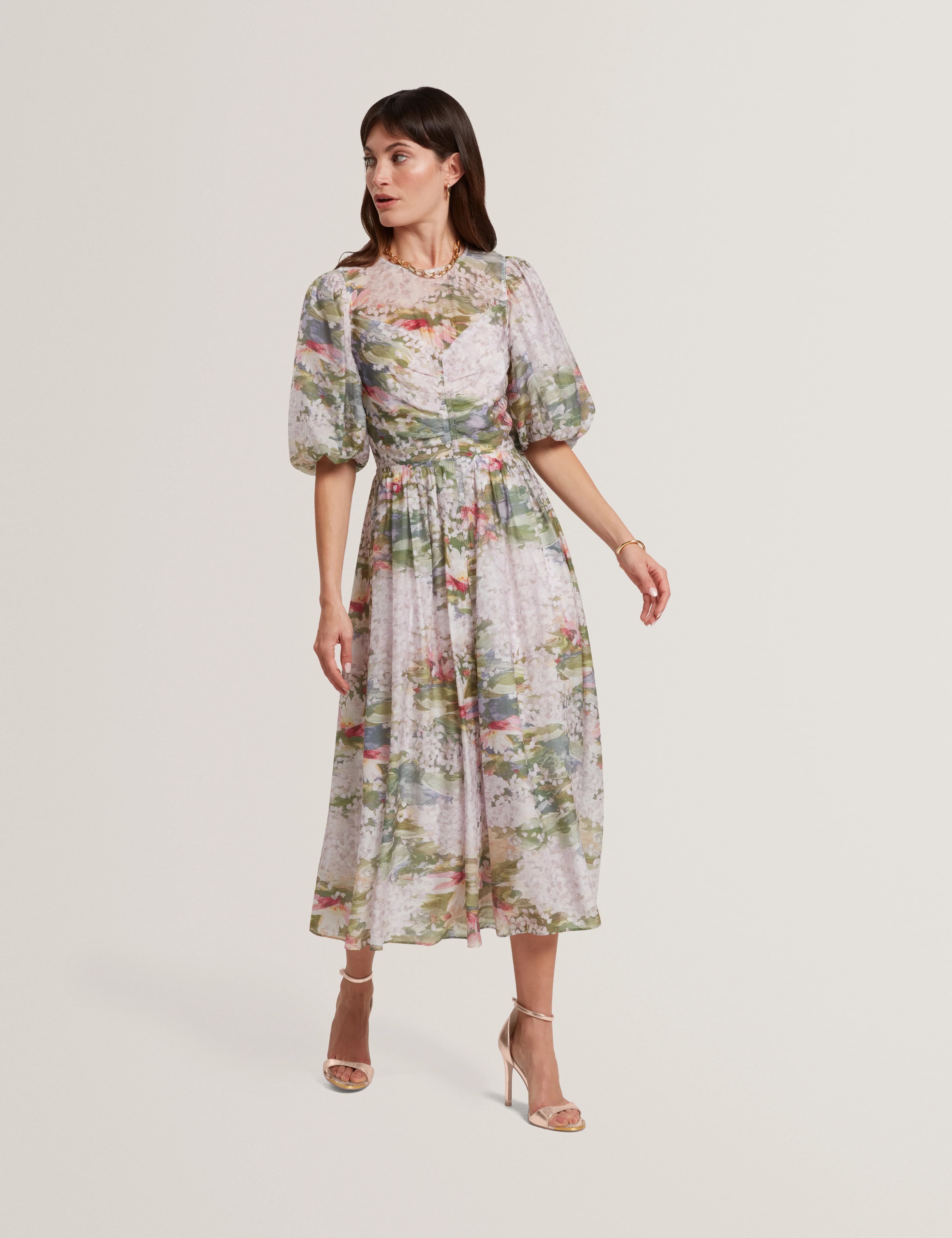 JONORA: Puff Sleeve Printed Midi Dress
