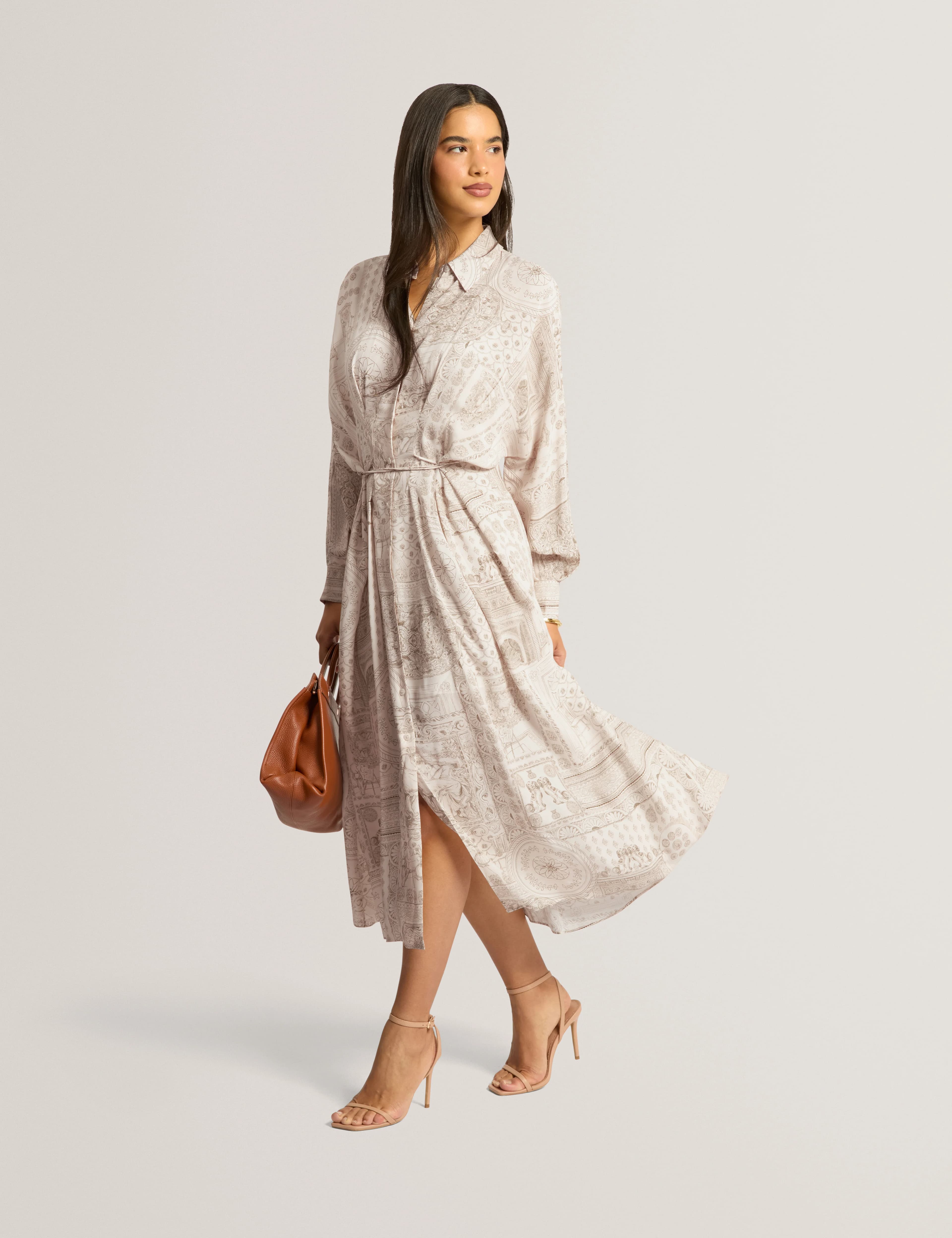 KHASIA: Printed Midi Shirt Dress