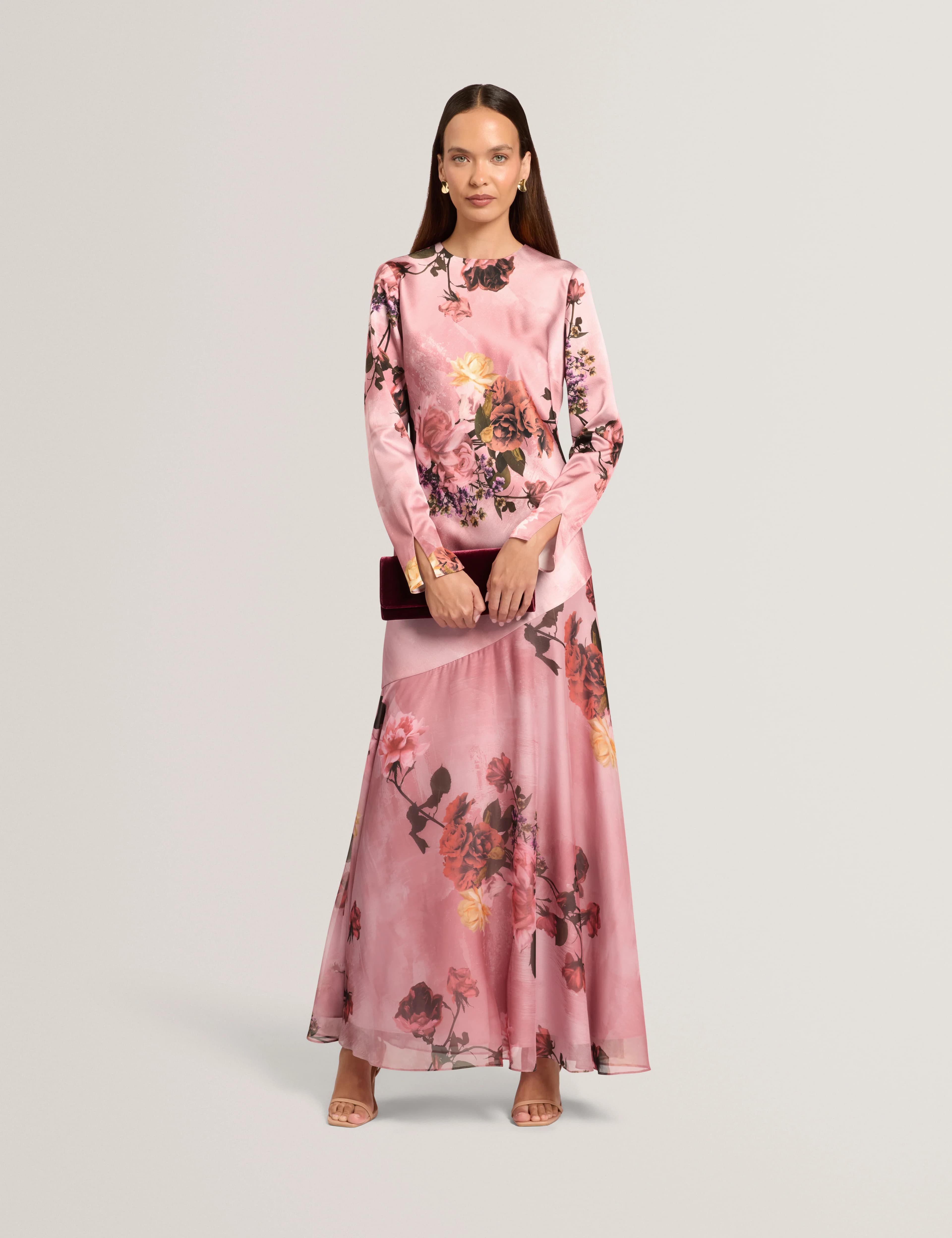 ISCHIA: Long Sleeve Diagonal Waist Seam Maxi Dress
