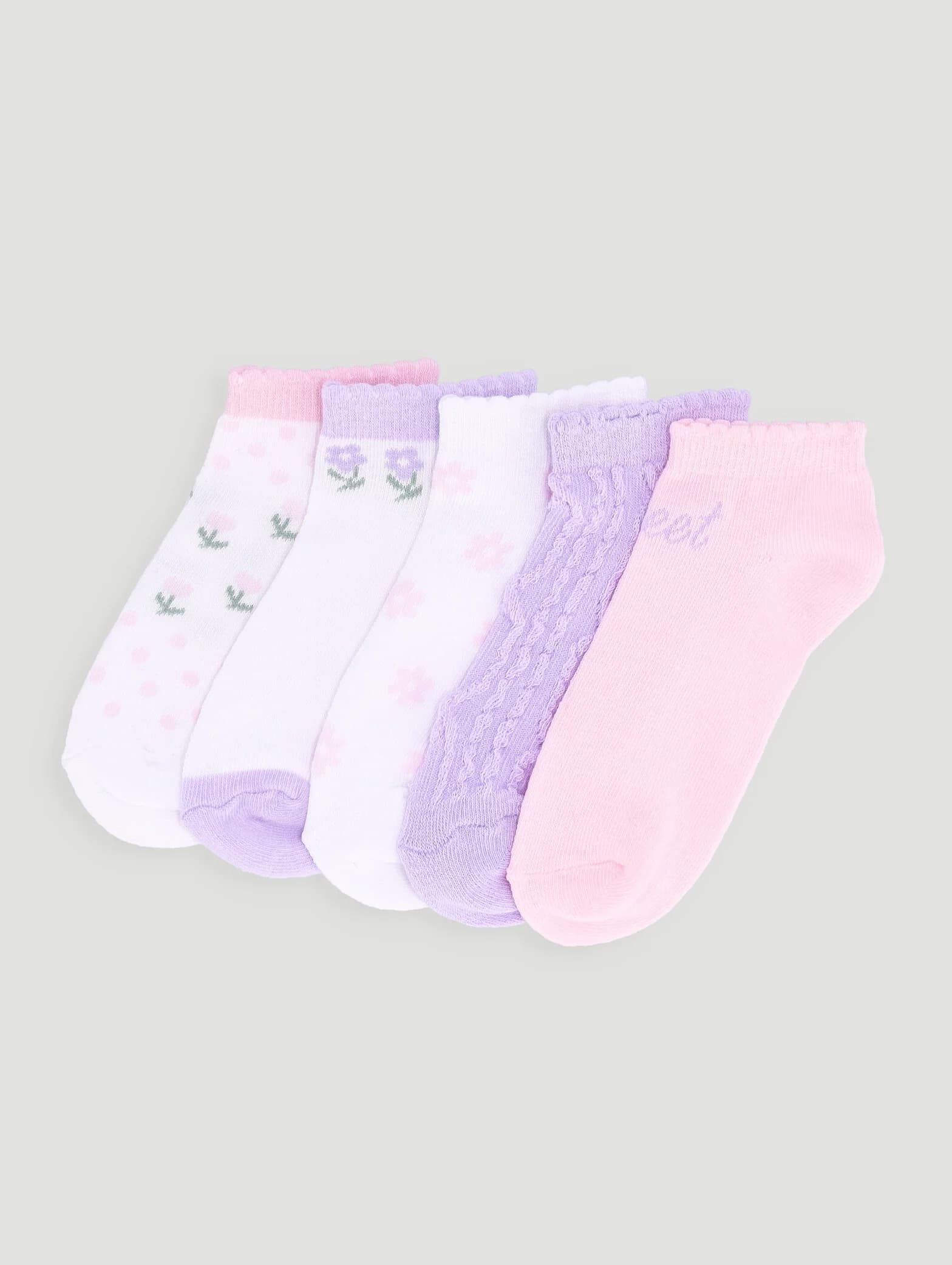 Pre-Girls 5 Pack Flower Low Cut Socks - Lilac