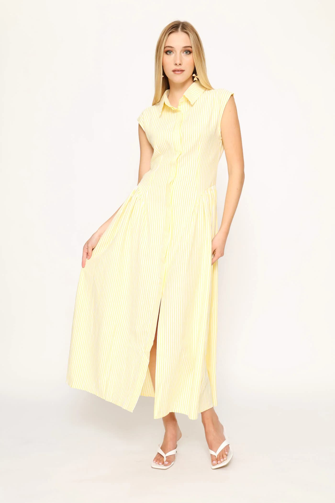 Sleeveless Fit & Flare A-Line Maxi Dress - Light Yellow