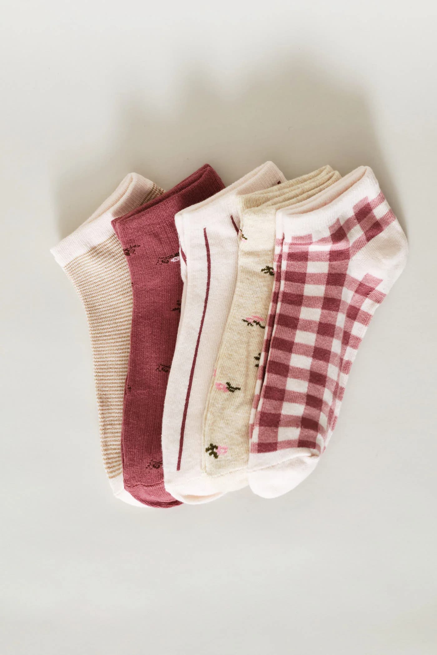 5 Pack Gingham Floral Low Cut Socks - Pink