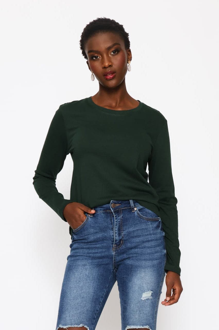 Long Sleeve Cotton Crew Tee - Military Green