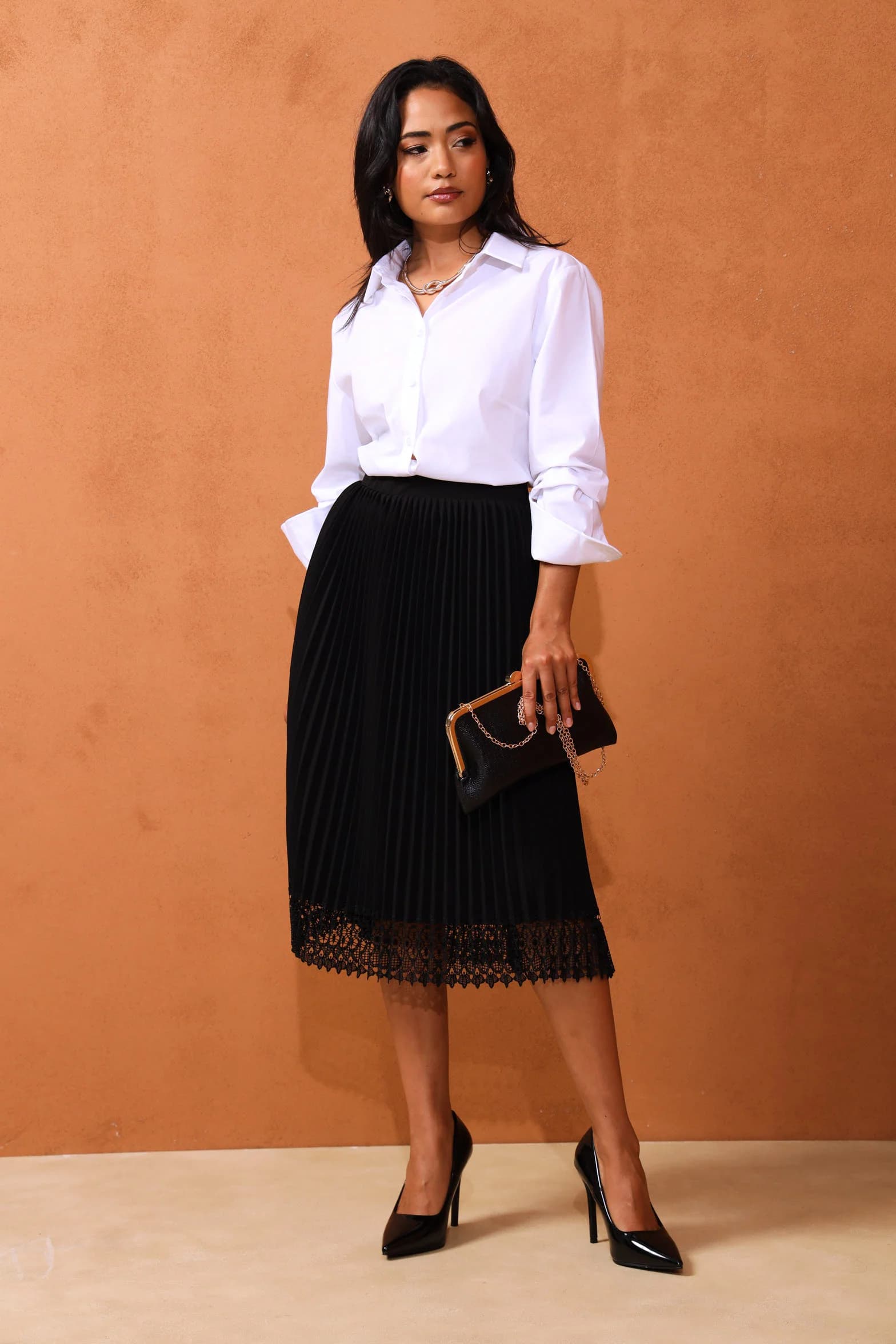Lace Detail Pleated Midi Skirt - Black
