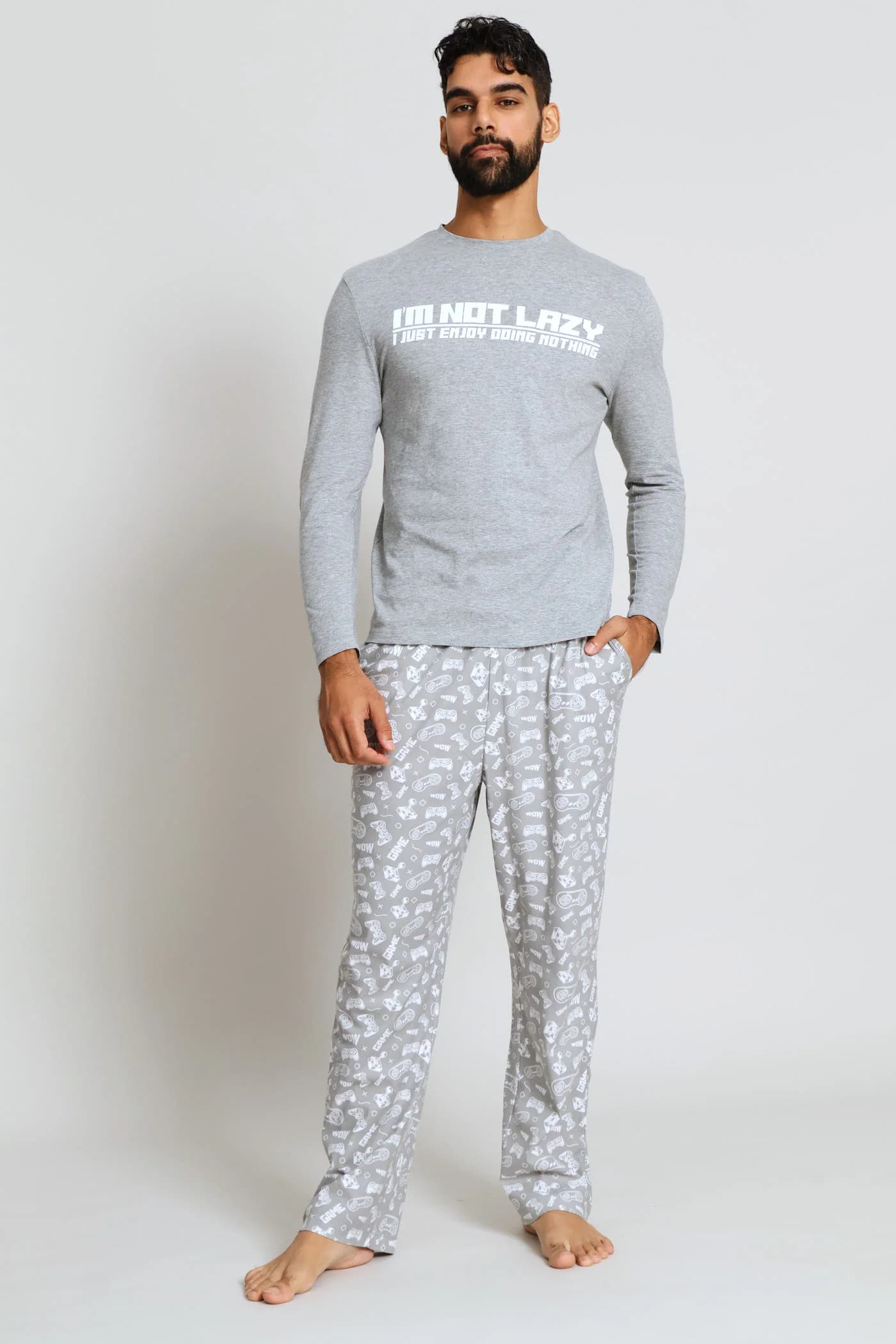 Not Lazy Print Long Sleeve Tee - Grey Melange
