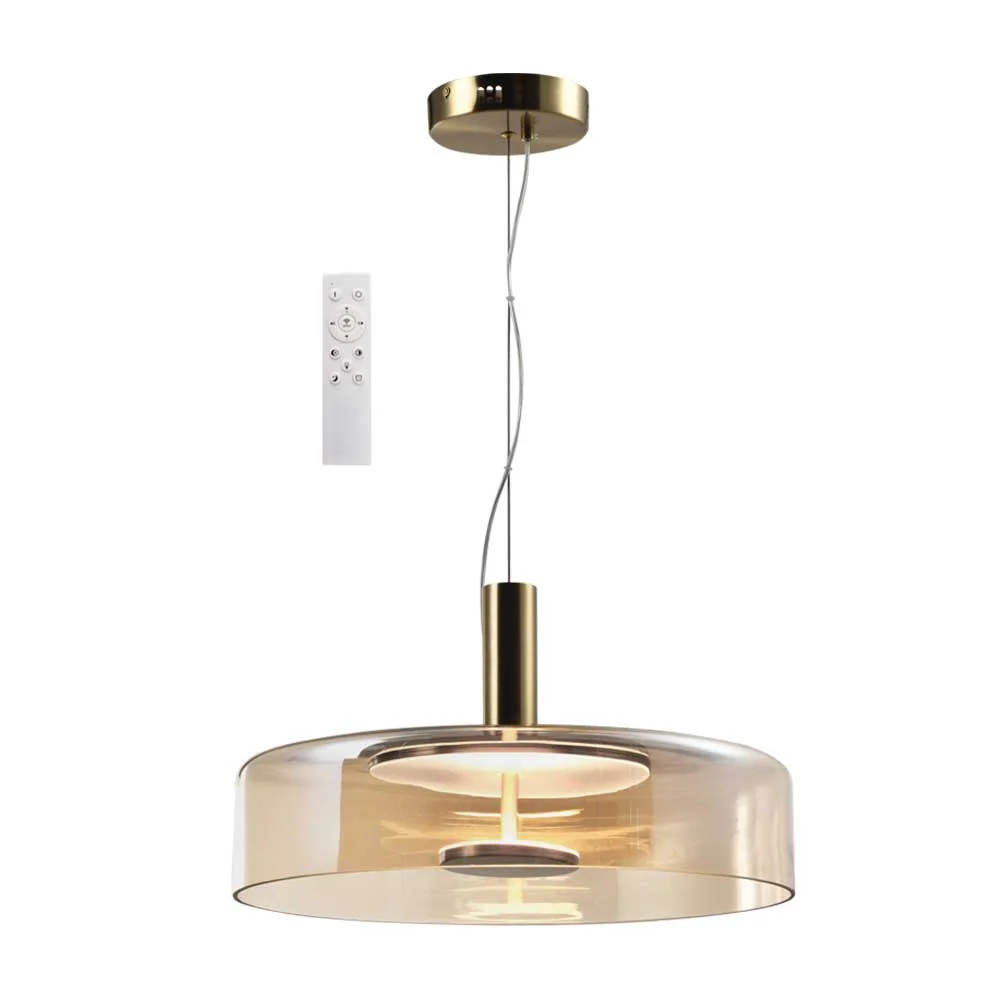 Bright Star Metal and Glass Pendant with Remote 24W 3CCT 2400lm - Bronze / Amber Glass