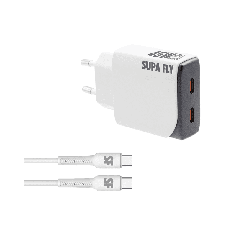 Supa Fly 45W Slim Dual C Wall Charger with C-C Cable - White & Grey