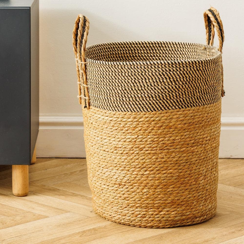 Home.life Bulrush Cotton Loop Handle Basket Black and Natural