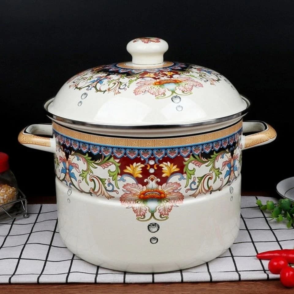 Agate Enamel Steamer Pot Flowers Steam Pot Pasta Stew Pot Stockpot Casserole
