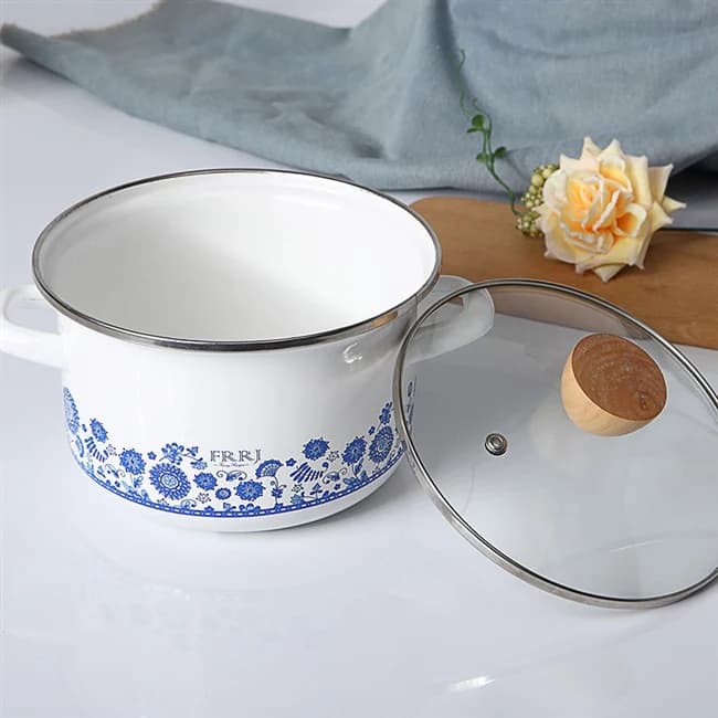 Premier Quality Enamel Blue Flower White Casserole Pot