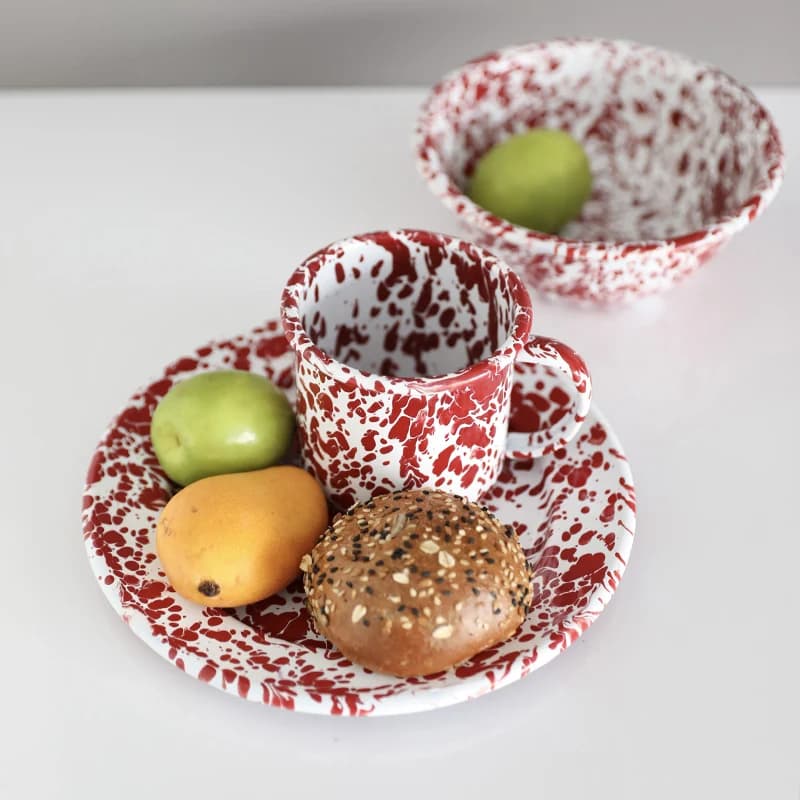 Big5 Marble Splatter Red Enamel Dinner Set Mug Plate Spoon Bowl Camping (each unit price is for individual piece, not for set)